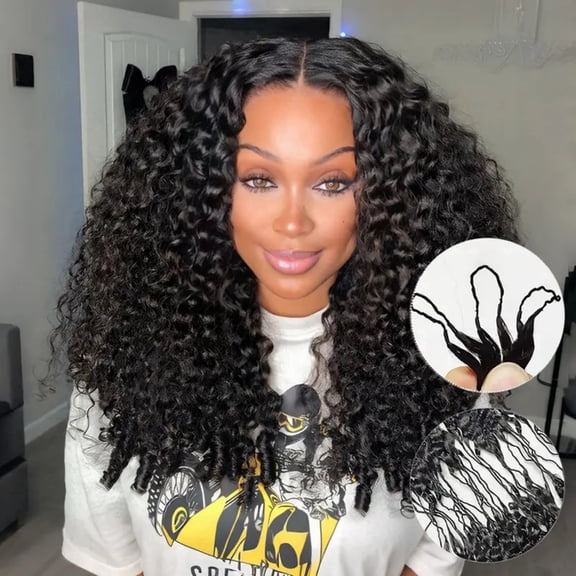 Tahikie Burmese Curly Human Crochet Hair Extensions for Women, Pre-Separated Feather Crochet Hair with Invisible Miracle Knots, Lightweight Reusable Human Hair Bundles, Natural Black