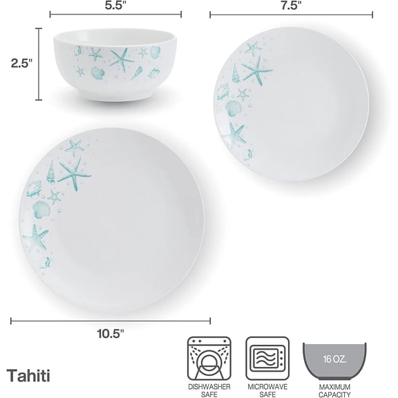 Tahiti Coastal 12 Piece Dinnerware Set, Service for 4, Multicolored Stoneware Plates and Bowls with Vibrant Coastal Design for Everyday Dining