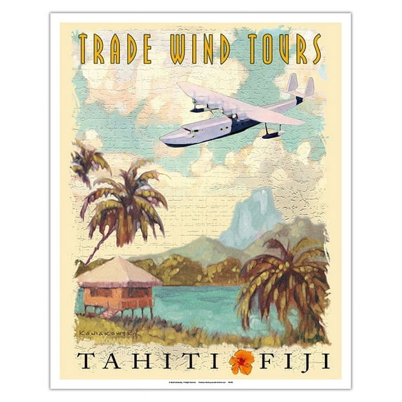 Tahiti Fiji Islands - Trade Wind Tours - Vintage Travel Poster by Wade Koniakowsky - Fine Art Matte Paper Print (Unframed) 16x20in