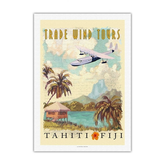 Tahiti Fiji Islands - Trade Wind Tours - Vintage Travel Poster by Wade Koniakowsky - Fine Art Rolled Canvas Print 27in x 40in