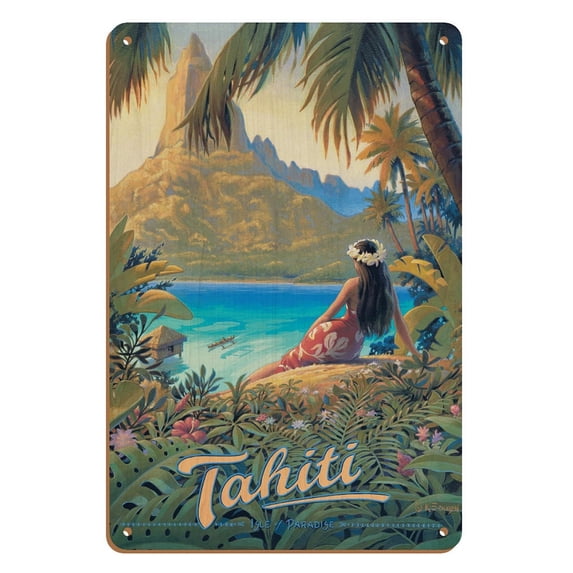 Tahiti - Isle of Paradise - Society Islands - Vintage Travel Poster by Kerne Erickson - 8 x 12 inch Vintage Wood Art Sign