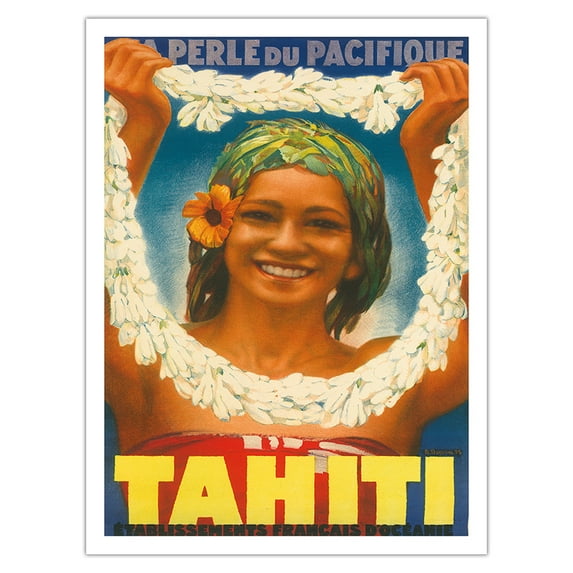 Tahiti - Pearl of the Pacific - French Settlements - Tahitian Woman with Lei - Vintage Travel Poster by A. Doquene c.1930s - Fine Art Matte Paper Print (Unframed) 24x32in