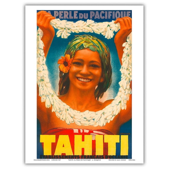 Tahiti - Pearl of the Pacific - French Settlements - Tahitian Woman with Lei - Vintage Travel Poster by A. Doquene c.1930s - Master Art Print (Unframed) 9in x 12in