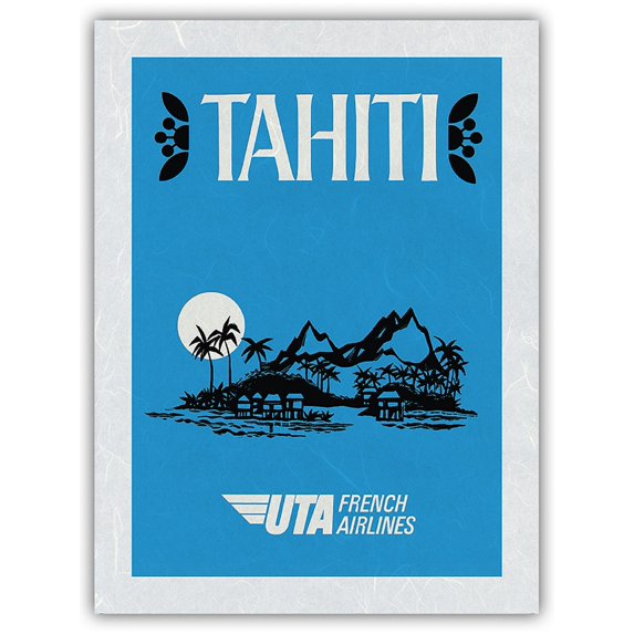 Tahiti - UTA (Union des Transports Aériens) - French Airlines - Vintage Airline Travel Poster c.1960s - Japanese Unryu Rice Paper Art Print (Unframed) 12 x 16 in