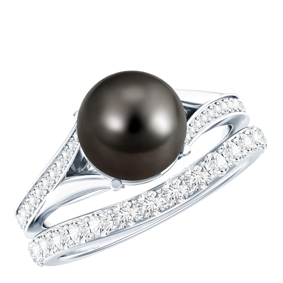 Rosec Jewels Tahitian Pearl Solitaire Ring Set with Moissanite - AAA Quality 8 mm Black Pearl Engagement Ring with Band - Jewelry Box included, 10K White Gold, US 7.50