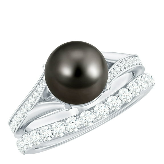 Rosec Jewels Tahitian Pearl Solitaire Ring Set with Moissanite - AAA Quality 8 mm Black Pearl Engagement Ring with Band - Jewelry Box included, 14K White Gold, US 4.50