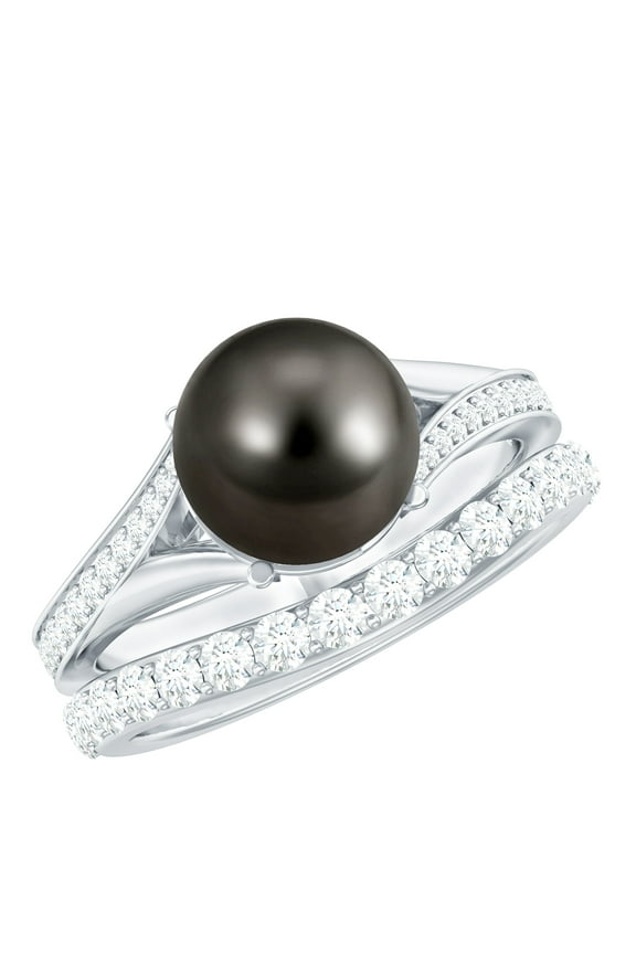 Tahitian Pearl Solitaire Ring Set with Moissanite - AAA Quality 8 mm Black Pearl Engagement Ring with Band - Jewelry Box included, 14K White Gold, US 9.50