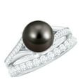 thumbnail image 1 of Rosec Jewels Tahitian Pearl Solitaire Ring Set with Moissanite - AAA Quality 8 mm Black Pearl Engagement Ring with Band - Jewelry Box included, 18K White Gold, US 8.50, 1 of 9