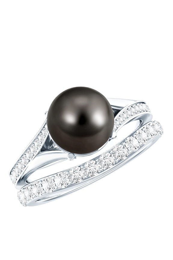 Tahitian Pearl Wedding Bridal Ring Set - 7.5 Carat Black Pearl Engagement Ring with Enhancer - AAA Quality, 925 Sterling Silver, US 4.00
