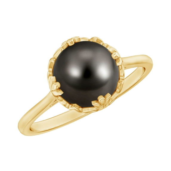 Rosec Jewels Genuine Black Tahitian Pearl Solitaire Ring for Women - Nature Inspired Ring - 8 mm - AAA Quality - With Jewelry Box, 10K Yellow Gold, US 3.00
