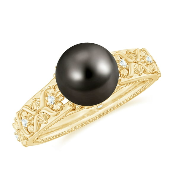 Rosec Jewels Tahitian Pearl Diamond Engagement Ring - 8 Carat - Nature Inspired Black Pearl Ring - AAA Quality - With Jewelry Box, 10K Yellow Gold, US 11.50