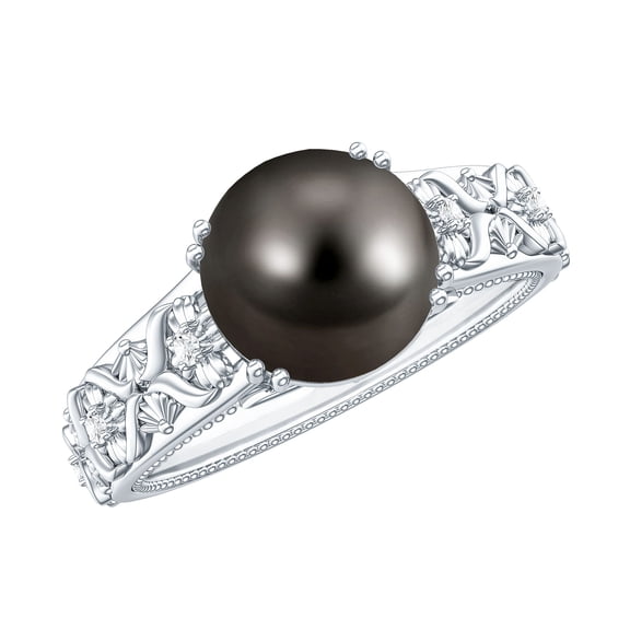Rosec Jewels Tahitian Pearl Diamond Engagement Ring - 8 Carat - Nature Inspired Black Pearl Ring - AAA Quality - With Jewelry Box, 925 Sterling Silver, US 4.00