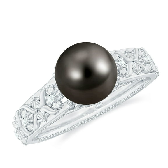 Rosec Jewels Tahitian Pearl Diamond Engagement Ring - 8 Carat - Nature Inspired Black Pearl Ring - AAA Quality - With Jewelry Box, 925 Sterling Silver, US 6.50