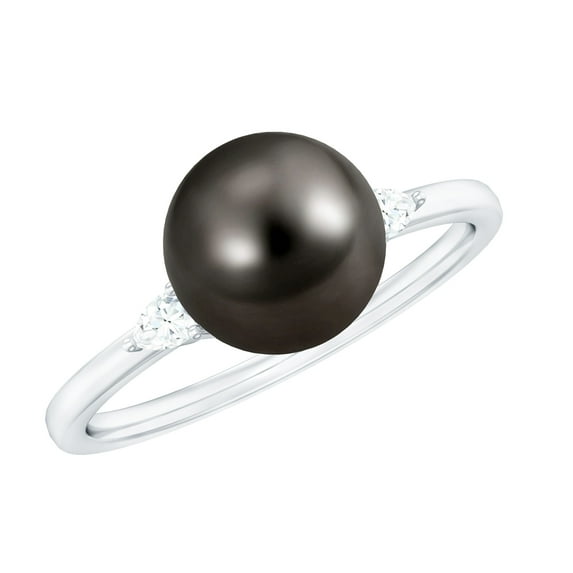 Rosec Jewels Natural Tahitian Pearl Engagement Ring for Women - Solitaire Black Pearl Ring - 10 mm - AAA Grade - With Jewelry Box, 10K White Gold, US 8.50