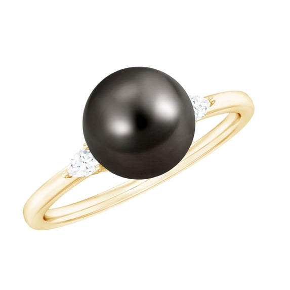 Rosec Jewels Natural Tahitian Pearl Engagement Ring for Women - Solitaire Black Pearl Ring - 10 mm - AAA Grade - with Jewelry Box, 18K Yellow Gold, US 4.00