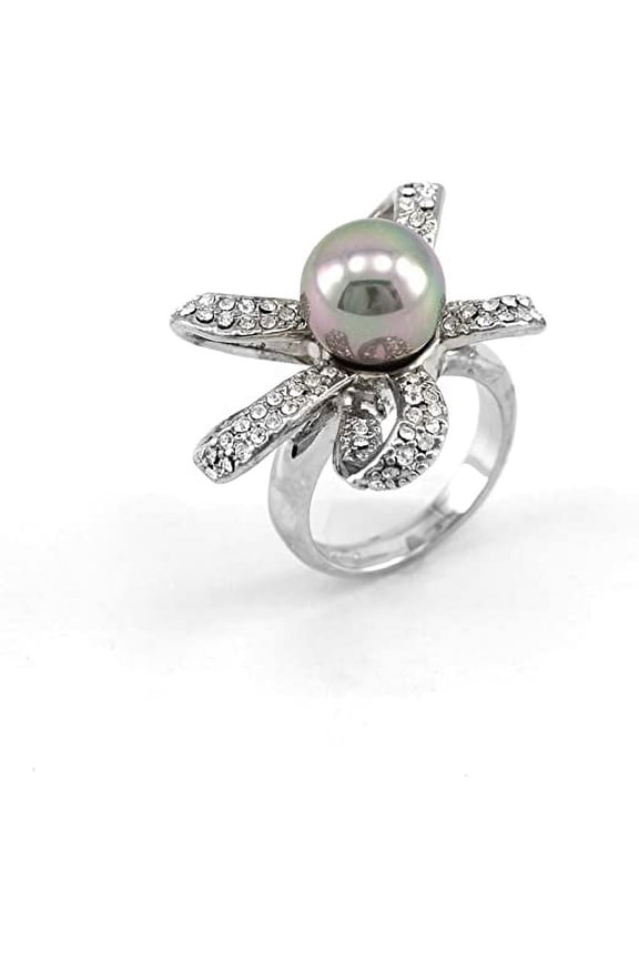 Tahitian Shell Grey Pearl Pave CZ Swarovski Stripe Flower Design Ring Rodium Plated Size 5