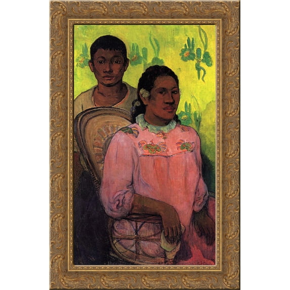 Tahitian woman and boy 24x16 Gold Ornate Wood Framed Canvas Art by Paul Gauguin