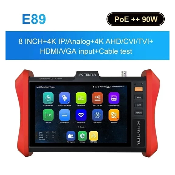 Tahlitech 8" IPC Tester Monitor 4K H.265 IP 8MP AHD/TVI/CVI CCTV Camera Tester POE++ 90W SFP & VGA Input Cable Teste ,Video Surveillance Testing