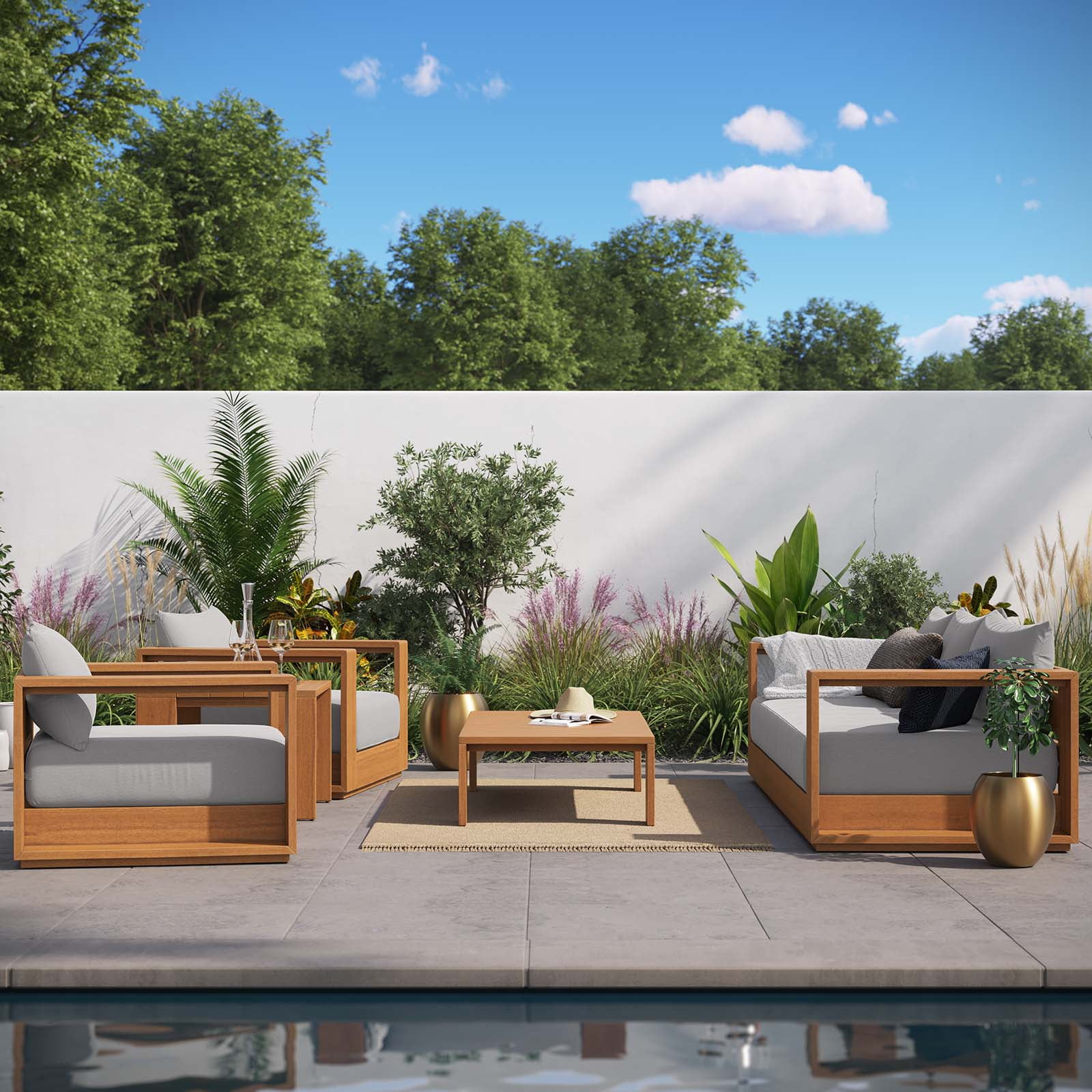 Modway Tahoe Outdoor Patio Acacia Wood 5-Piece Furniture Set in Natural Light Gray