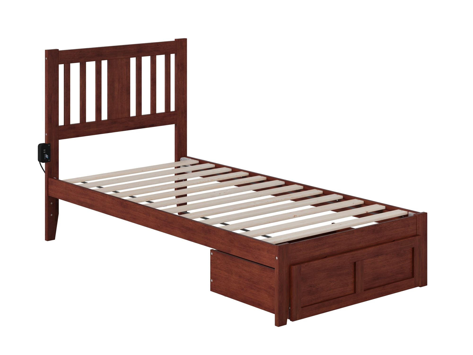 Walnut Twin Wood Platform Bed with Drawer and USB Charger