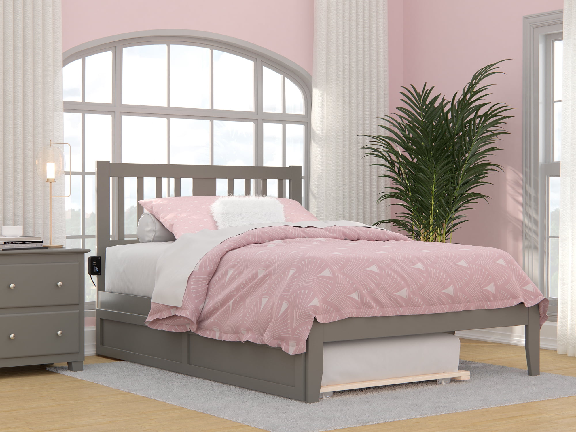 Tahoe Gray Full Wood Platform Bed with Trundle and USB Charger