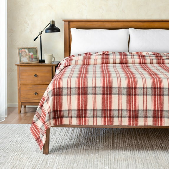 Tahoe Heavyweight Oversized Washable French Wool Plaid Twin Blanket, Red