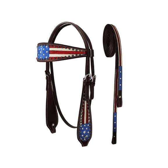 Tahoe Tack Patriotic Hand Painted American Flag Western Browband Headstall with Matching Reins - Pony