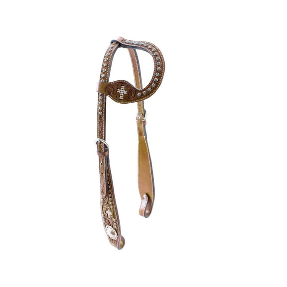 Tahoe Tack Show Crystal Cross Hand-Tooled Western Slip Ear Headstall - Oversize