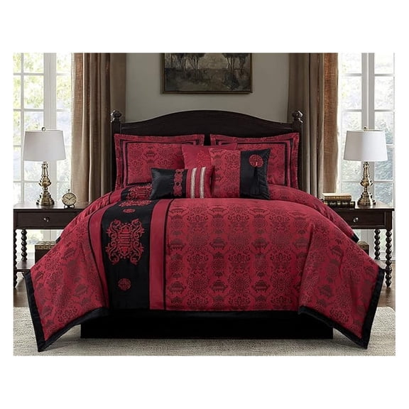 Tai 7-Piece Red Black Oriental Traditional Jacquard Comforter Set, California King Size