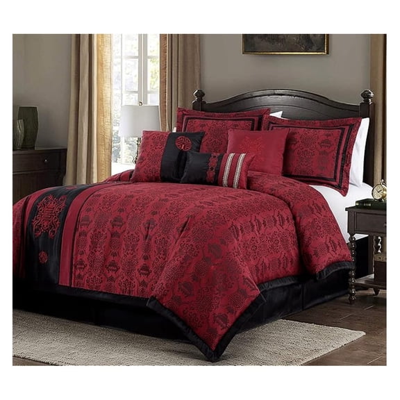 Tai 7-Piece Red Black Oriental Traditional Jacquard Comforter Set, King Size