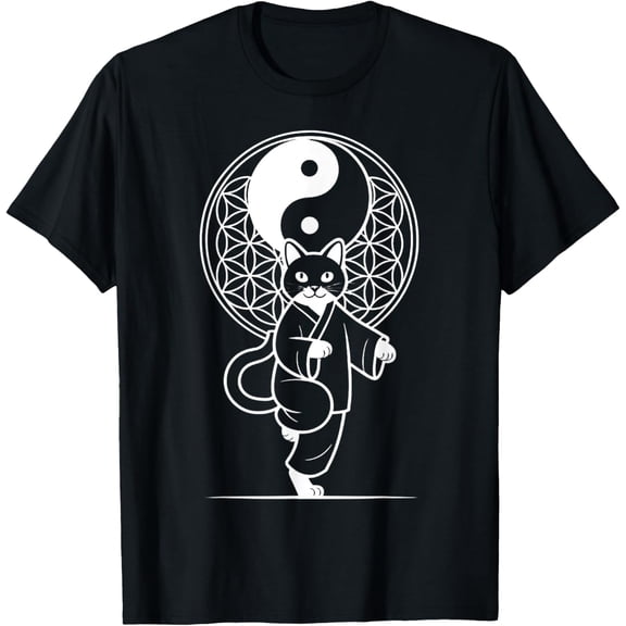 Tai Chi Cat Geometry Yin Yang Flower Of Life T-Shirt