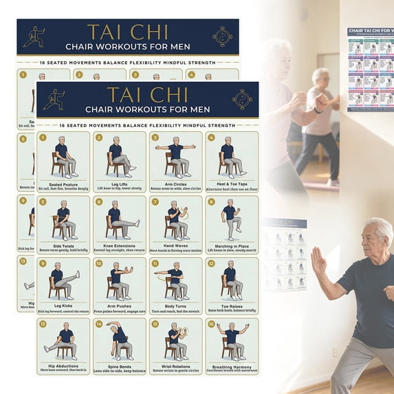 Tai Chi Chair Workout Chart 2 Pack, Seated Exercise Poster for Seniors Beginners, 10x8 Inch Printable Fitness Wall Art for Balance Flexibility Strength, Unframed