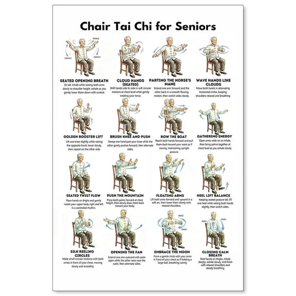 Tai Chi Chair Workout Chart Canvas Wall Art Seated Exercises for Beginners and Seniors Poster Print Living Room Bedroom Home Gym Decor Balance & Gentle Home Workout Chart poster