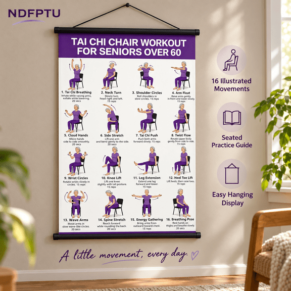 Tai Chi Chair Workout Chart, Chair Tai Chi for Seniors Poster, 16 x 24 Inch