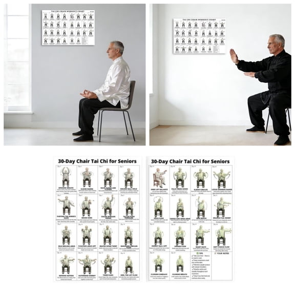 Tai Chi Chair Workout Chart Poster 12x18 Inch Canvas Wall Art Seated Exercises For Seniors Beginners Home Gym Decor Unframed 2 Pack
