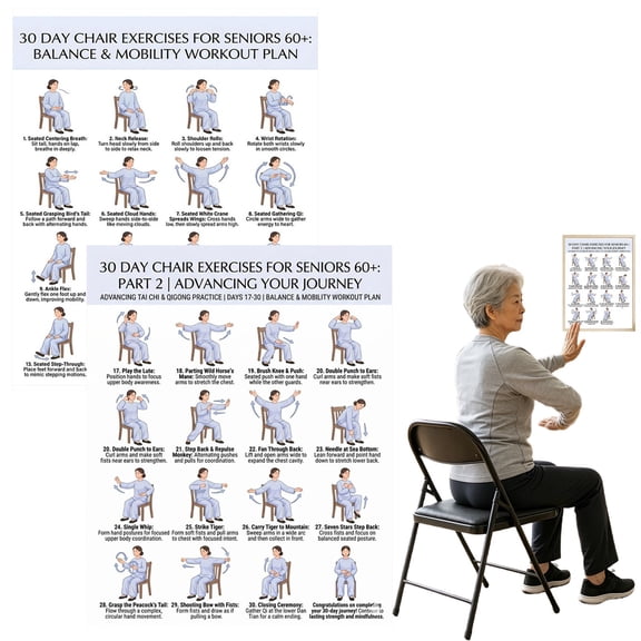 Tai Chi Chair Workout Chart Poster Seated Exercise Guide for Seniors & Beginners Canvas Wall Art Fitness Decor Sitting Tai Chi Routine for Home Gym Bedroom & Living Room(10"L x 8"W)