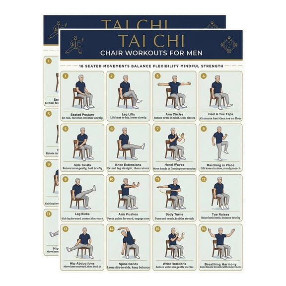 Tai Chi Chair Workout Chart for Seniors – 30 Day Exercise & Walking Program Poster, Seated Calisthenics Routine for Balance, Mobility & Home Fitness (4 PCS)
