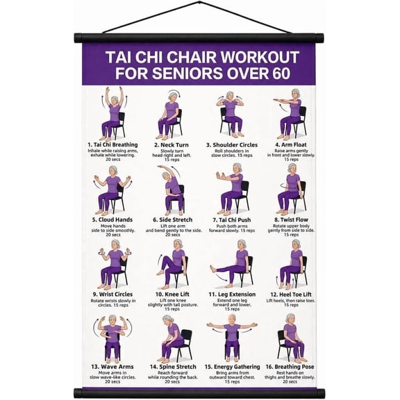 Tai Chi Chair Workout Chart for Seniors, Gentle Low Impact Chair Tai Chi Seated Exercise for Beginners Routine Chart, Balance & Flexibility Guide for Seniors