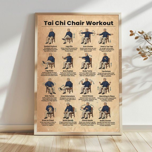 Tai Chi Chair Workout Exercise Guide Art Senior Fitness Wall Chart Home Exercise Wellness Decor, Unframed Paper Print