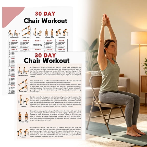 Tai Chi Chair Workout Poster Set,6 Laminated Exercise Charts,Illustrated Seated Moves for Balance,Mobility & Joint Pain Relief,30-Day Challenge