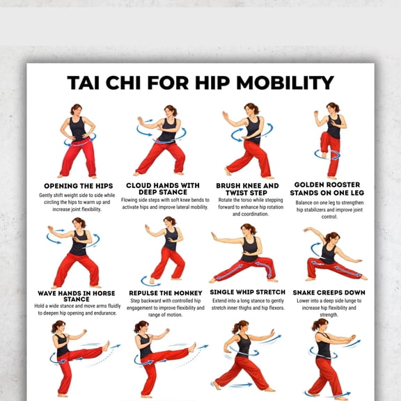Tai Chi Hip Joint Exercise Poster, Hip Joint Flexibility And Balance Exercise Poster, Low Impact Home Exercise Poster