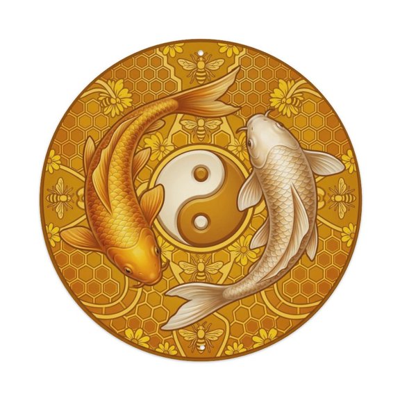 Tai Chi Koi Fish Honey Gold Amber Sweet Warm Glow Vintage Metal Tin Sign Plaque Wall Decor for Cafe, Club, Garden Round Metal Poster 8x8Inch