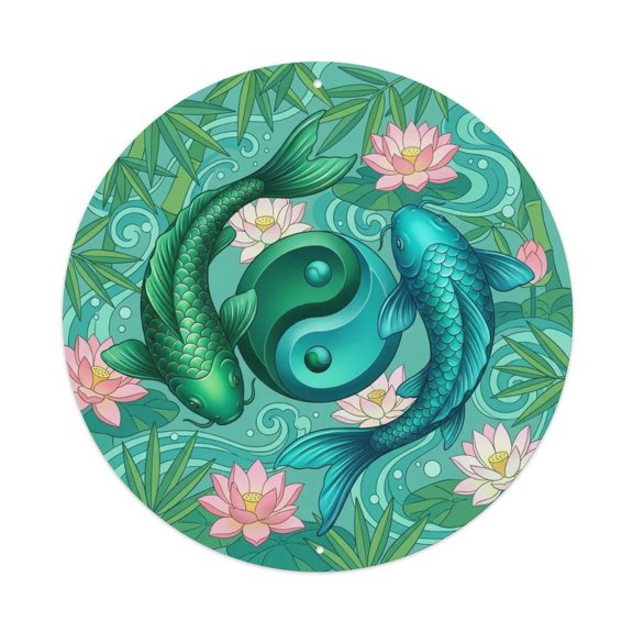 Tai Chi Koi Fish Jade Emerald Green Turquoise Precious Vintage Metal Tin Sign Plaque Wall Decor for Cafe, Club, Garden Round Metal Poster 8x8Inch