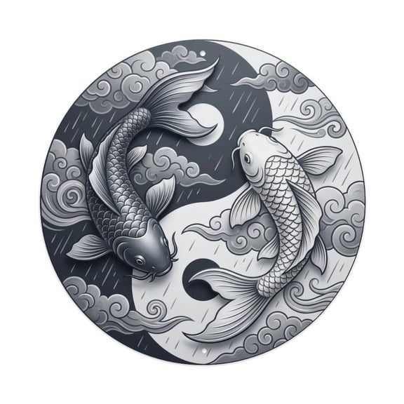 Tai Chi Koi Fish Storm Cloud Gray Silver Thunder Sky Vintage Metal Tin Sign Plaque Wall Decor for Cafe, Club, Garden Round Metal Poster 8x8Inch