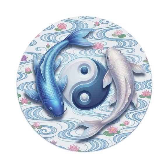 Tai Chi Koi Fish Tranquility Meditate Vintage Metal Tin Sign Plaque Wall Decor for Cafe, Club, Garden Round Metal Poster 8x8Inch