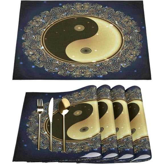 Tai Chi Round Pattern Placemats Set of 6 Fabric Placemats Square Placemat for Kitchen Table Heat Resistant, Easy to Clean Table Placemats 12x18 Inch