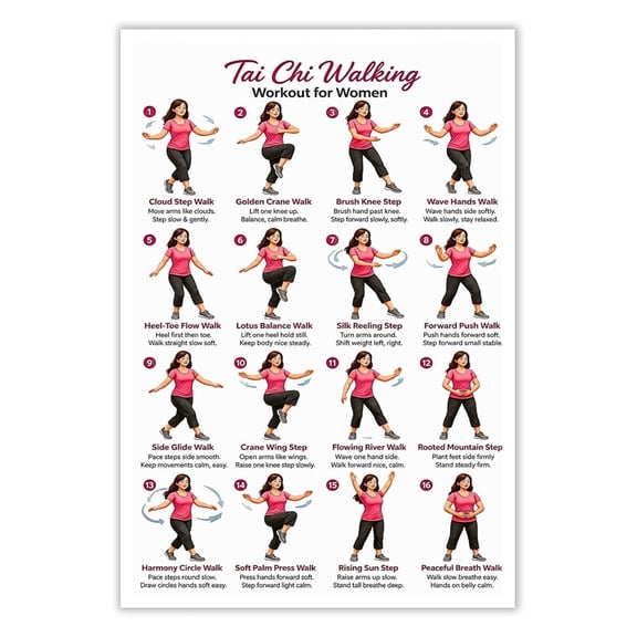 Tai Chi Walking Chart for Women, Balance & Mindful Movement Exercise Chart, Qigong Guide For Home Gym, Senior Fitness Wall Art, Daily Stretching Routine Poster