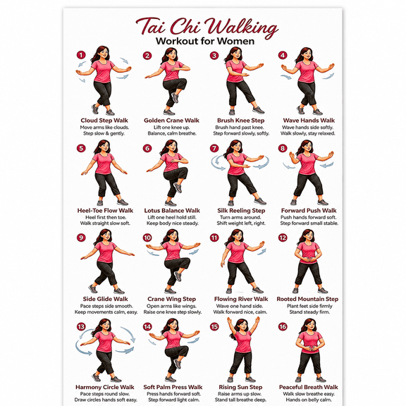 Tai Chi Walking Exercise Poster For Women, Mindfulness Qigong Workout Chart And Stretching Guide For Home Gym, Senior Fitness Wall Art