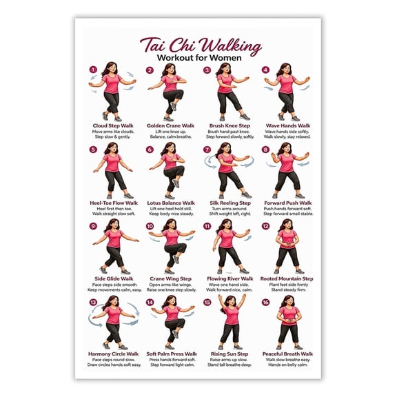 Tai Chi Walking Exercise Poster for Women Qigong Workout Chart Guide Fitness Wall Posters