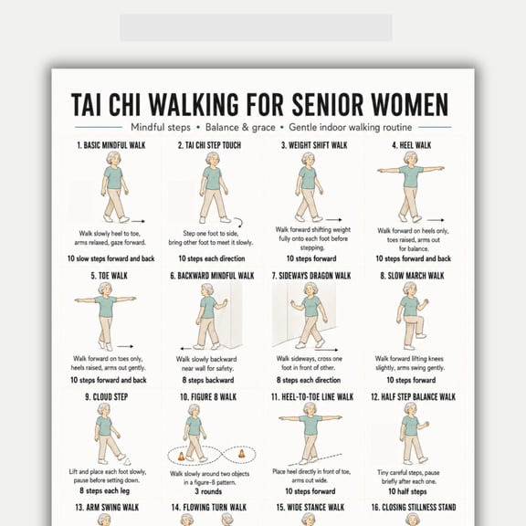 Tai Chi Walking Poster For Elderly Women 16 Mindfulness Indoor Walking Actions, Balance And Elegance Chart Poster, Poster For Women Over 60 Years Old